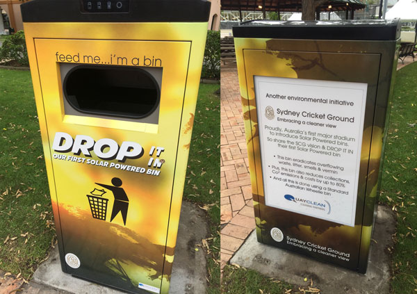 Solar powered bin at Sydney Cricket Ground in partnership with Quayclean